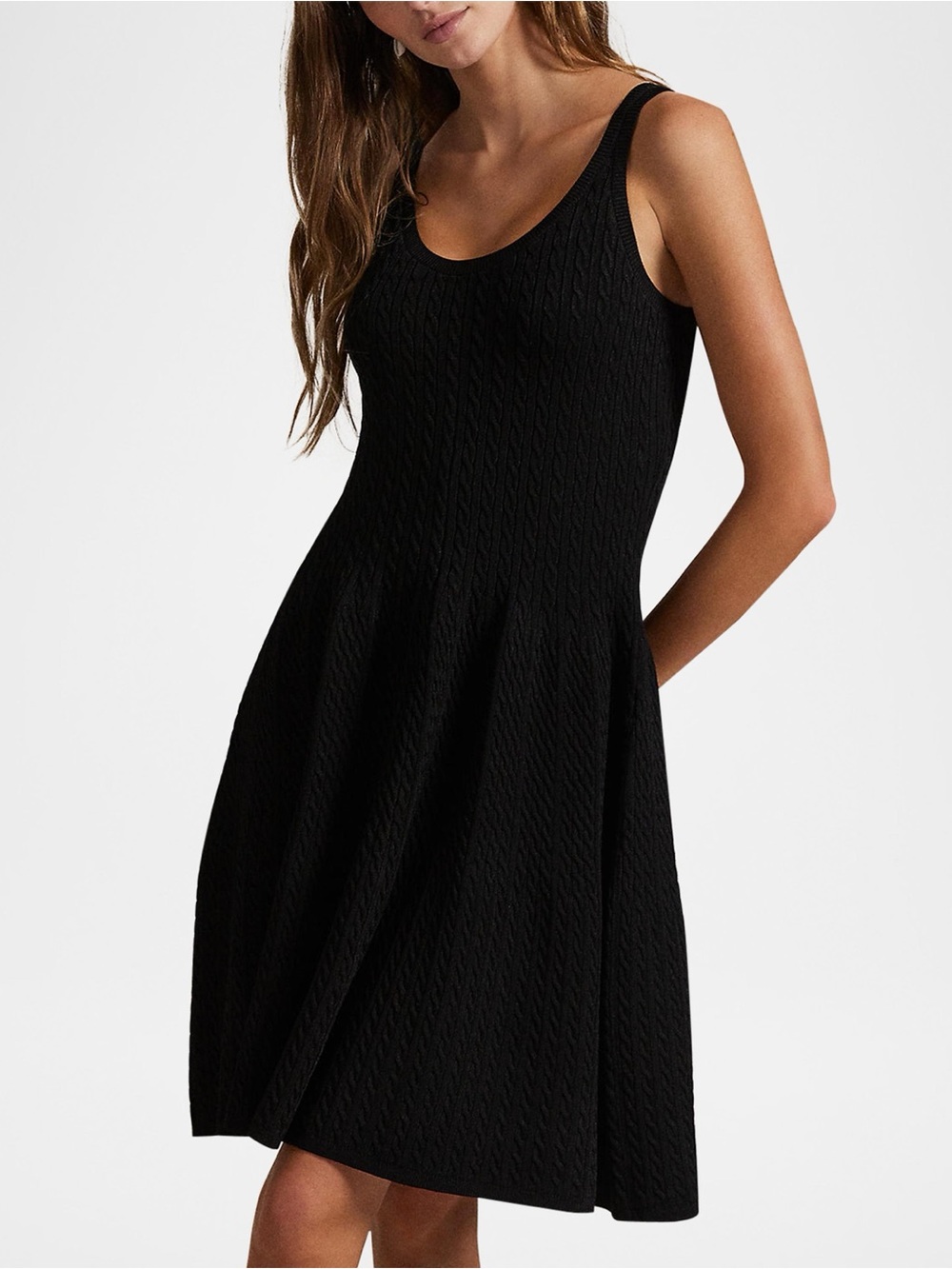 Polo Ralph Lauren CableKnit Sleeveless Sweater Dress Fit Flare Skirt Black Scoop